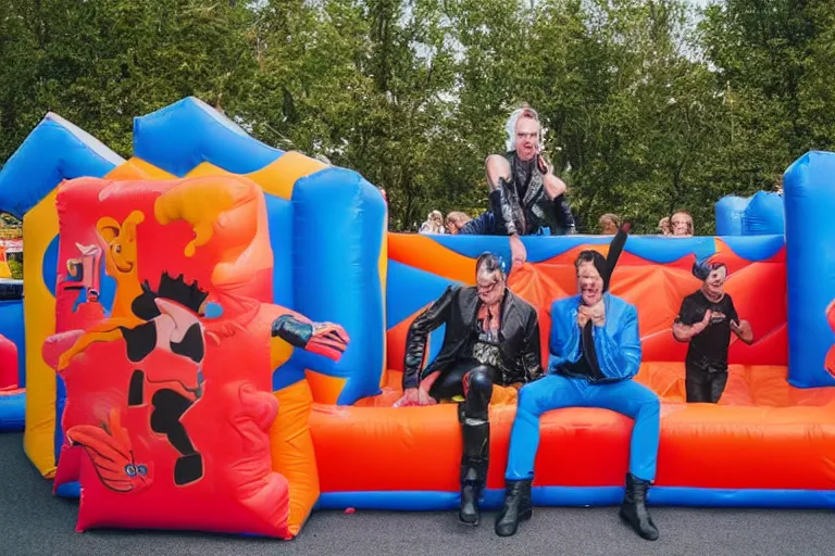 Prompt: rammstein band playing in a bouncy castle