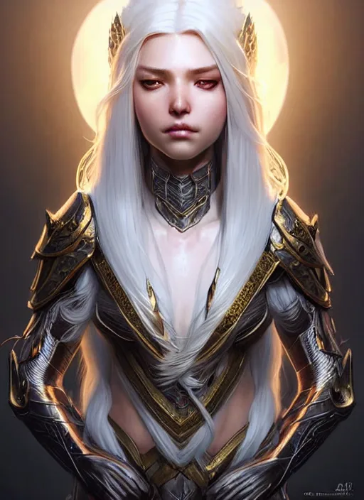 Image similar to light opal armor!!! long wild white hair!! covered chest!!! fantasy, d & d, intricate ornate details, symmetry, concept art, sharp focus, illustration, art by artgerm! greg rutkowski magali villeneuve wlop! ilya kuvshinov!!, octane render, unreal engine 5, highly rendered!!