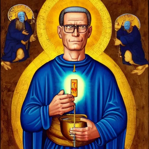 Image similar to hank hill in a white tshirt as the saint of propane surrounded by blue fire, renaissance religious painting, painting by carlo crivelli, late gothic religious paintings, byzantine religious art, trending on artstation