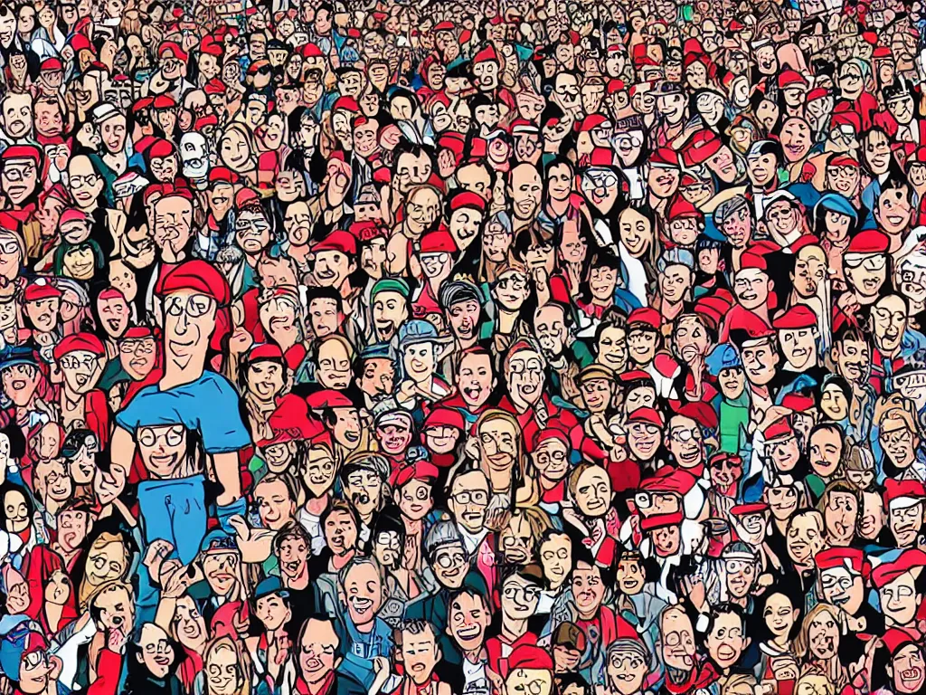 Prompt: a'where's wally'illustration based in a rock concert crowd,