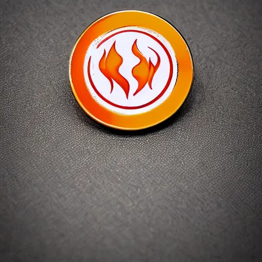 Prompt: an award - winning photo of a retro minimalistic clean fire flames warning label enamel pin, studio lighting, behance