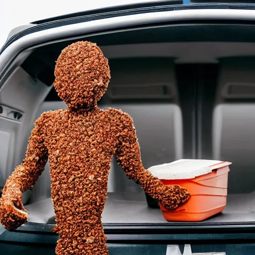 Image similar to a man made entirely of baked beans cleaning a honda jazz in the driveway overcast weather