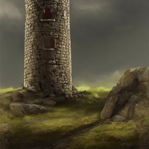 Image similar to gloomy illustration of a high medieval tower with dark stones, artstation