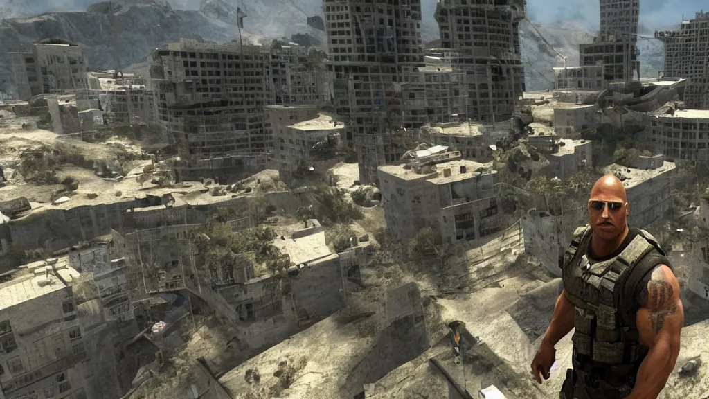 Image similar to dwayne the rock johnson, dwayne the rock johnson in the call of duty map highrise, modern warfare 2 highrise, screenshot