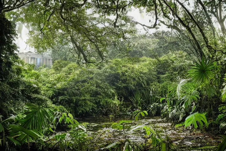 Prompt: buckingham palace inside a jungle, atmospheric
