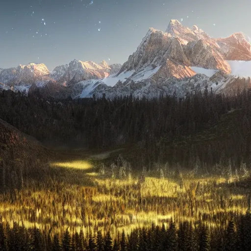 Prompt: an expansive view of forested valley with a sci fi clean glowing structure in the centre and snow - capped mountains in the distance, national geographic, hyper realistic, 4 k, dusty light