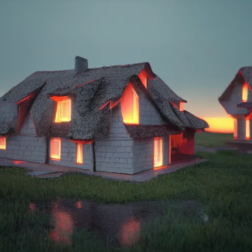 Image similar to houses made of clay, digital art, octane render, blender, artstation, vaponpunk, sunset, 8k, soft light, ray tracing, wet ground