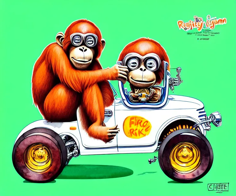 Image similar to cute and funny, orangutan wearing a helmet riding in a tiny hot rod with oversized engine, ratfink style by ed roth, centered award winning watercolor pen illustration, isometric illustration by chihiro iwasaki, edited by range murata, tiny details by artgerm, symmetrically isometrically centered