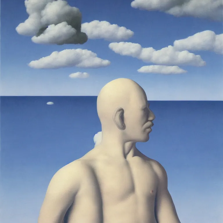 Image similar to cloud - man, by rene magritte, centered, detailed painting, hd, hq, high resolution, high detail, 4 k, 8 k