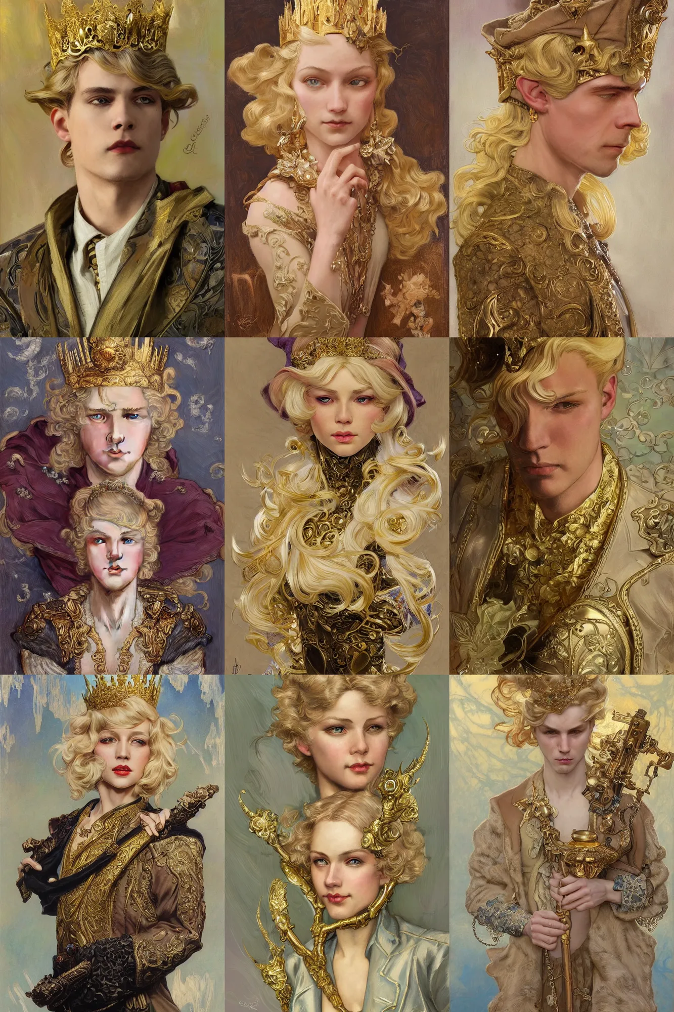 Prompt: beautiful young king, blonde hair, gold, 1 9 2 0 s fashion, fantasy, highly detailed, intricate, artstation, digital paining, character concept art, art by joseph leyendecker, donato giancola, dean cornwell, ruan jia, ayami kojima, alphonse mucha, cedric peyravernay, tom bagshaw