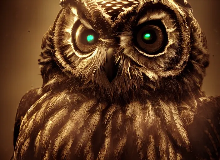 Prompt: a Warrior owl art nuveau, steampunk, symmetry, full frame, cinematic light , unreal engine,