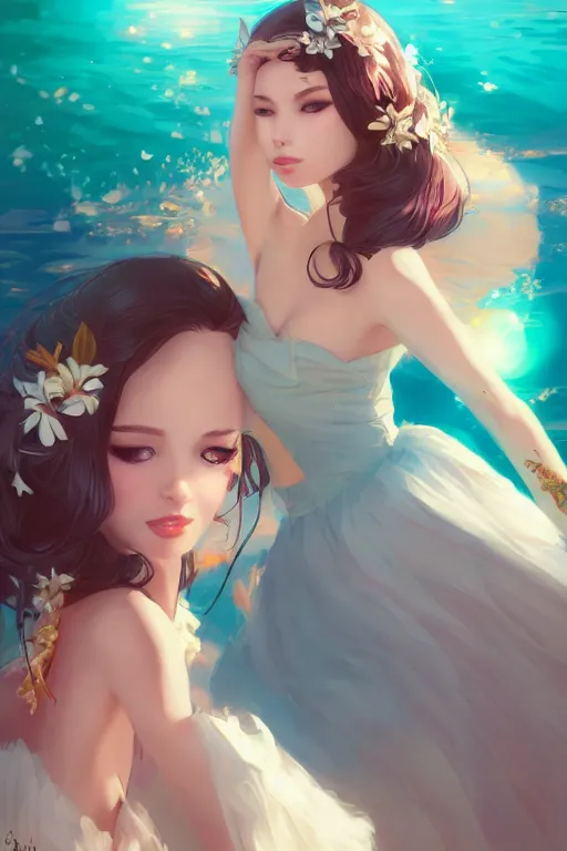 Image similar to a beautiful fashion goddness of love, chic strapless dress, tropical sea background, character design, in the style of artgerm, and wlop, cinematic lighting, hyperdetailed, 8 k realistic, symmetrical, global illumination, radiant light, frostbite 3 engine, cryengine, dof, trending on artstation, digital art