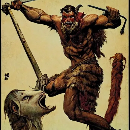 Image similar to goat man barbarian, ultra detailed, style of norman rockwell, style of richard corben, 4 k, rule of thirds.