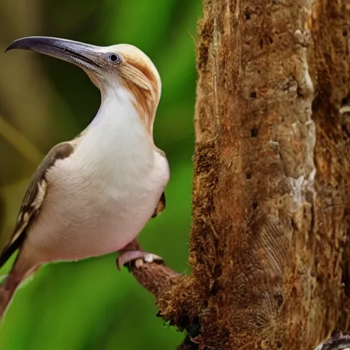 Image similar to a photo of real bird with real human teeth, newly discovered, rainforest, highly detailed, trending