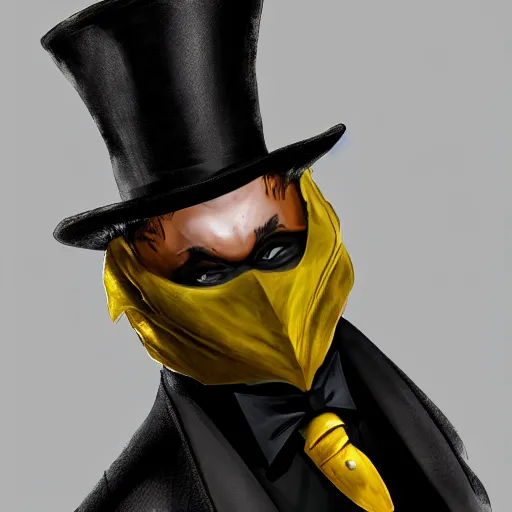 Image similar to a highly detailed portrait of a man in a high top hat covering his face, in a black tailcoat with a yellow waistcoat under the tailcoat, artstation, deviantart, professional, unreal engine 5, photorealistic