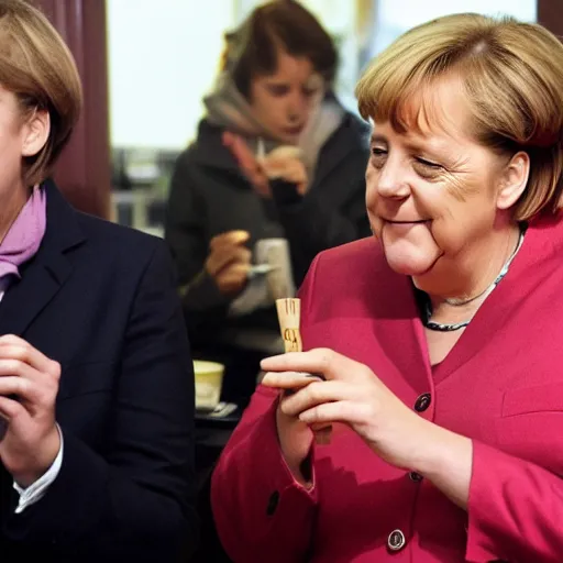 Image similar to angela merkel smoke weed in a coffee shop