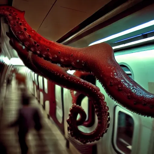 Image similar to a photo of a giant octopus invading a interior of a subway train in new york, cinematic lighting