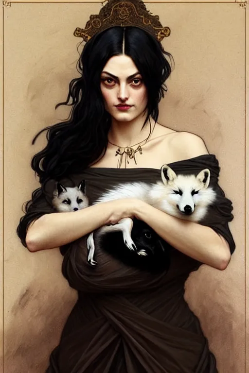 Prompt: Phoebe Tonkin dressed in Victorian fashion with black hair, holding a white fox in her arms, D&D, fantasy, intricate, elegant, highly detailed, digital painting, artstation, concept art, matte, sharp focus, illustration, art by Artgerm and Greg Rutkowski and Alphonse Mucha