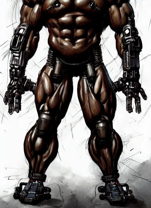 Image similar to Full body portrait of an extremely muscular, very buff, huge mutant man with a creepy cybernetic mask. He Is wearing only a loincloth. In style of Yoji Shinkawa and Hyung-tae Kim, trending on ArtStation, dark fantasy, great composition, concept art, highly detailed. Colourful.