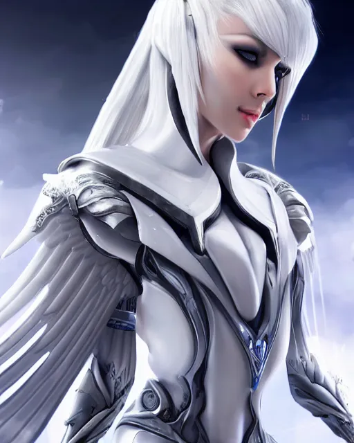 Image similar to perfect white haired attractive egyptian goddess with huge white dove wings, warframe armor, beautiful, symmetric, dreamy, half asian, pretty face, blue eyes, detailed, scifi platform, laboratory, experiment, 4 k, ultra realistic, epic lighting, android body, illuminated, cinematic, masterpiece, art by akihito tsukushi, voidstar