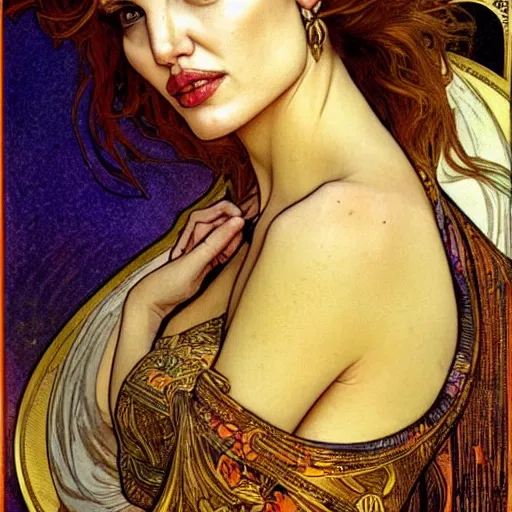 Prompt: angelina jolie portrait by louis - theophile hingre and alphonse mucha, realistic, sharp focus, zodiac signs, tarot cards, planets, ethereal, art nouveau, magic, moon, sun, crown, dreamy, royal, jewellery