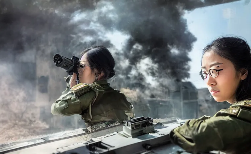 Image similar to portrait photo of a female and asian tank commander spying outside the open window of her tank, highly detailed, smoke and dirt in the background, high resolution, cosplay photo, stunning, girls frontline style, bokeh soft, shot on 70mm, zenithal lightning, trending on instagram, by award winning photographer, realistic human anatomy, real human faces, realistic military carrier, soldier clothing, modern warfare, shot with a professional camera, low saturation, soldier clothing, hard surfaces