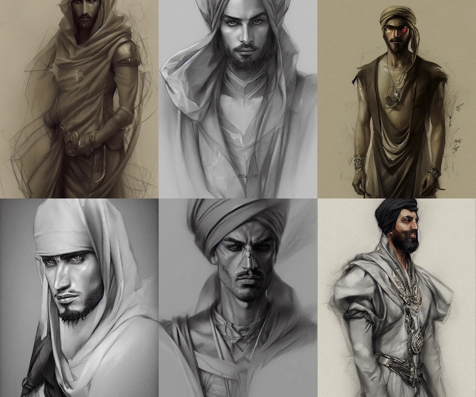 Prompt: a beautiful hyperrealistic portrait pencil sketch from a picture, of an arab noble with arrogant attitude by Peter Mohrbacher, technical drawing