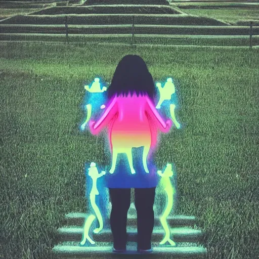 Image similar to a woman with long dark hair holding a cat in her arm standing on steps in a field at night, a hologram by kusama, instagram, optical illusion, full body, ultra hd, neon, pexels contest winner, high quality photo, rtx, hd, shiny eyes