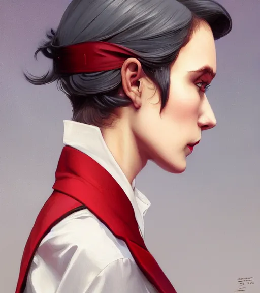 Image similar to a girl wearing a business suit, grey hair, red necktie, cinematic, stunning, highly detailed, digital painting, artstation, smooth, hard focus, full body shot, illustration, art by artgerm and greg rutkowski and alphonse mucha