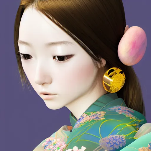 Image similar to centered portrait of a slight happy cybernetic 3D natural beautiful Japanese girl in kimono, hyperdetailed, digital painting, trending on Artstation, cel-shading style, CG society, hyperdetailed, digital painting, hypermaximalist, golden ratio, volumetric, octane render, weta digital, micro details, 3d sculpture