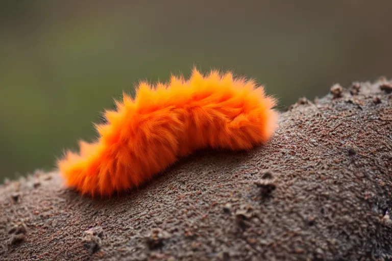 Prompt: orange cat caterpillar, spiky feet, kodak photo, muted colors, depth of field