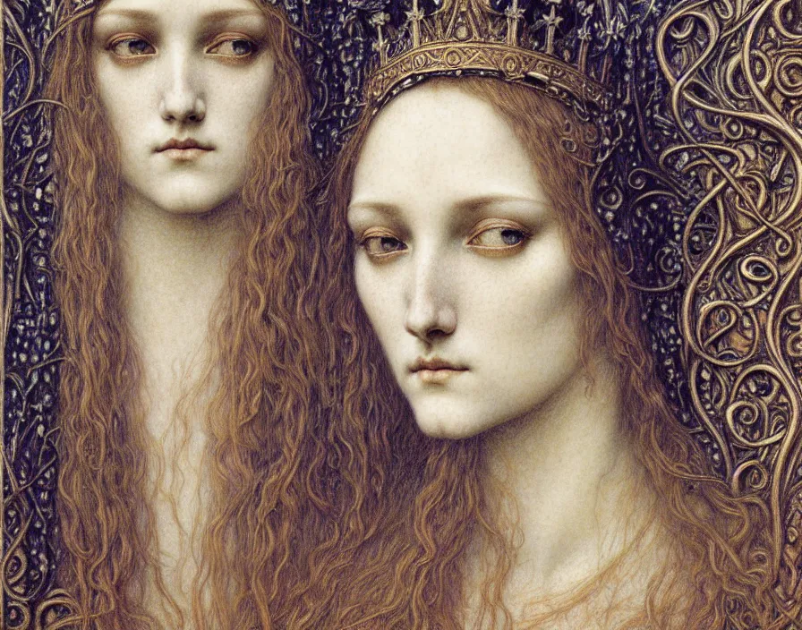 Image similar to detailed realistic beautiful young medieval queen face portrait by jean delville, gustave dore and marco mazzoni, art nouveau, symbolist, visionary, gothic, pre - raphaelite. horizontal symmetry