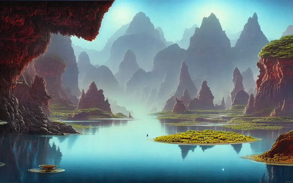 Image similar to a beautiful highly detailed matte painting of an alien planet with giant lotus with a lake surrounded by a canyon and rocks. by bruce pennington concept art