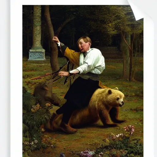 Image similar to stephen hawking fighting a bear by edward poynter