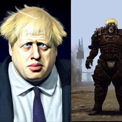 Prompt: Boris Johnson as a supermutant from Fallout 4