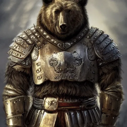 Prompt: Portrait of a human-bear warrior in Nordic armor, fantasy, medieval, highly detailed, Artstation