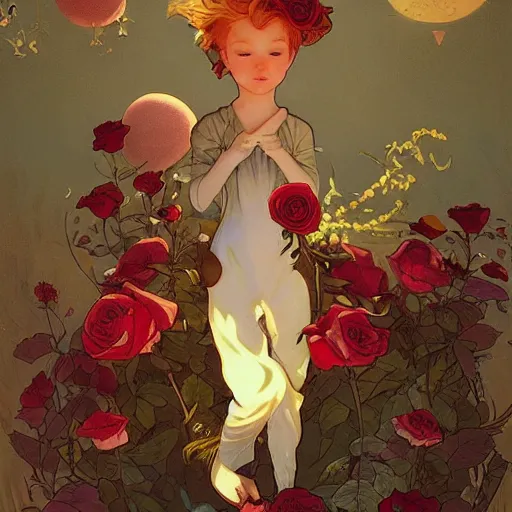 Prompt: the little prince, clear face, roses, foxes, poster, by andrei riabovitchev, shaun tan, alphonse mucha, and peter mohrbacher, trending on artstation, fairy tale cover