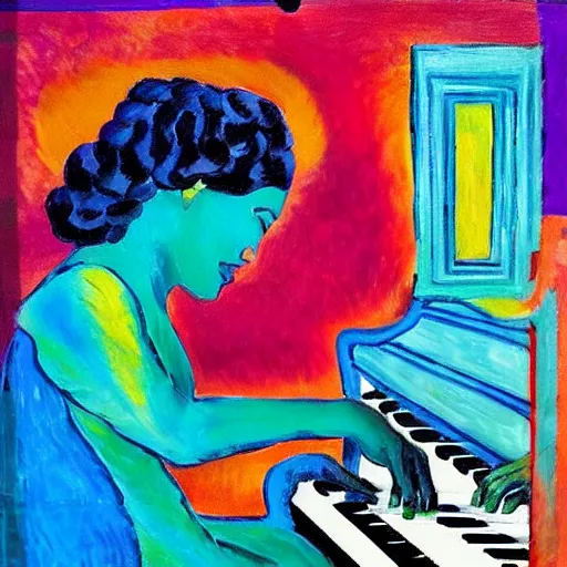 Prompt: “a woman plays the piano and her sister dances for joy, abstract art in the style of fauvism”