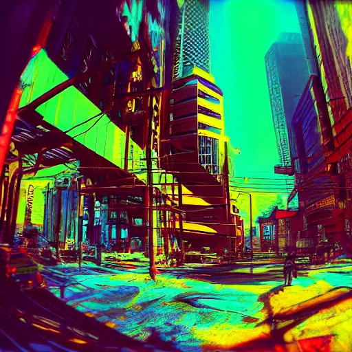 Image similar to go pro camera photo with chromatic aberration of a cyberpunk dystopian city with sunshaft and dramatic colorful lighting and god rays, Kodak Ektachrome E100 Film,