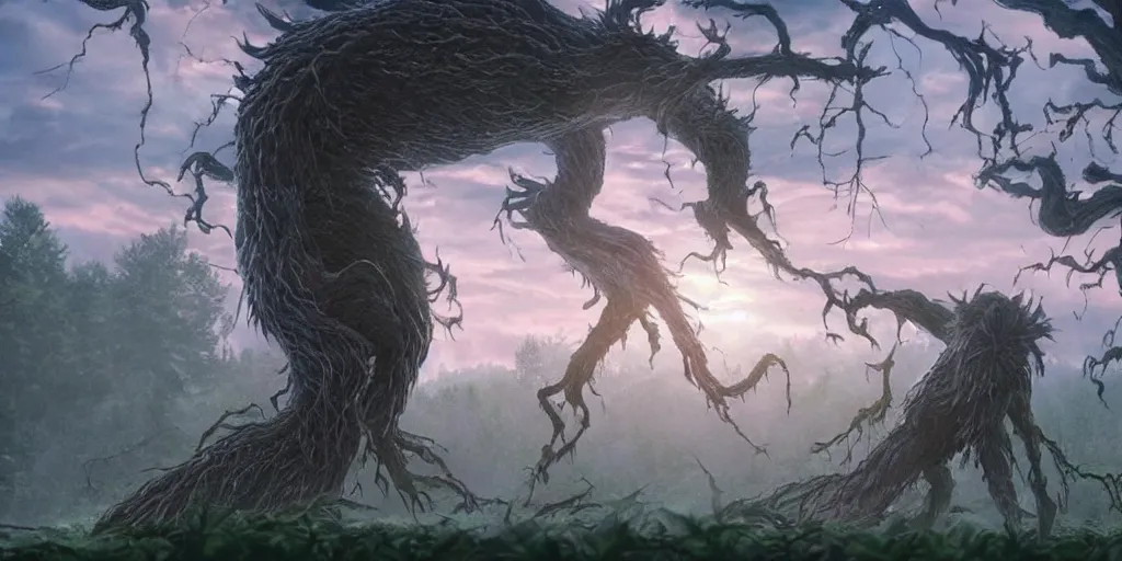 Prompt: close up of a giant spirit monster rising from a forest. tree branch in foreground. 4 k, artgerm, high detail, dramatic lighting, sunset, hayao miyazaki, masashi ando, nizou yamamoto, kazuo oga, joe hisaishi, yoji takeshige, naoya tanaka