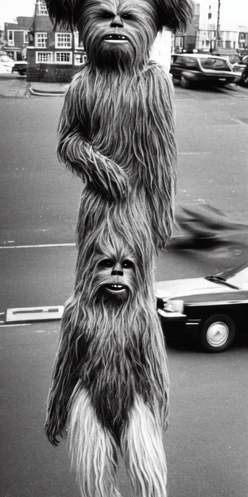 Prompt: 1 9 8 0 ies photo of chewbacca standing on the streets of rochester, england