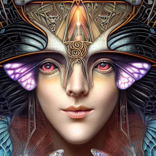Image similar to beautiful closeup portrait of an art deco faerie queen, glowing eyes. reflective detailed textures, moth wings, highly detailed dark fantasy science fiction painting by tom bagshaw and michael whelan and diego rivera and annie swynnerton and jean delville and moebius and evelyn de morgan, elaborate geometric ornament, ancient runes, silver and cool colors. artstation