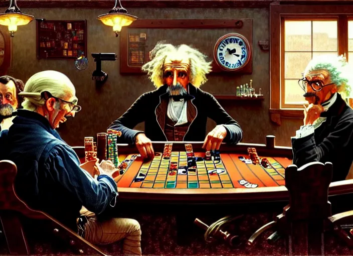 Image similar to in an old west saloon isaac newton and stephen hawkins and albert einstein playing poker, intricate, highly detailed, centered, digital painting, artstation, concept art, smooth, illustration, muted colors, art by norman rockwell and greg rutkowski and james gurney chuck close