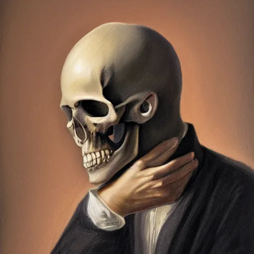 Image similar to portrait painting of a sad man with a skull as his face, 4k,