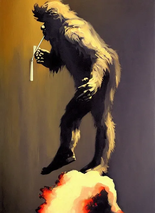 Image similar to bigfoot smoking meth, billowing smoke, inhaling pipe, painting by phil hale, fransico goya, david lynch,'action lines '!!!, graphic style, visible brushstrokes, motion blur, blurry