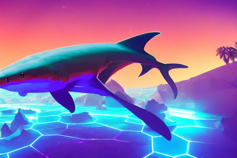 Prompt: a holographic projection of a huge colorful transparent shark appears in the desert at night, a man is stunned, by anton fadeev and jame paick, 8 k, unreal engine