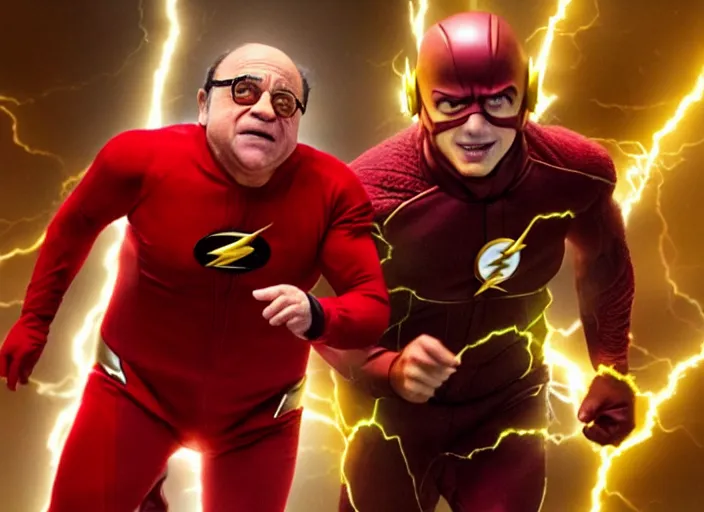 Image similar to film still of danny devito as the flash in the new flash movie, 4 k
