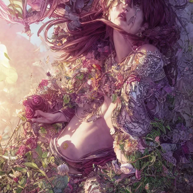 Image similar to the portrait of chaotic good female druid botanist as absurdly beautiful, gorgeous, elegant, young gravure idol, an ultrafine hyperdetailed illustration by kim jung gi, irakli nadar, intricate linework, bright colors, octopath traveler, final fantasy, unreal engine 5 highly rendered, global illumination, radiant light, detailed and intricate environment