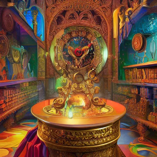 Prompt: interpretation of the legendary and mysterious alchemical Philosophers Stone, highly detailed and intricate, oil painting, vibrantly colorful, magical symbols, ornate, hyper-realistic, design studio, Zbrush central, 8k resolution, atmospheric lighting, opaque, by 3d artist Frank Guillen and artist Tyler Edlin