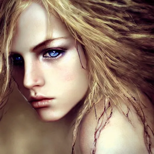 Prompt: beautiful irish lass ( model ) ( young ) with blonde red wavy hair and clean eyes, soft flawless pale skin ultra - detailed face, dramatic dark lighting, hyperrealistic photo luis royo, wlop